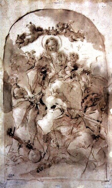 Jomfru og barn med St. Dominic, St. Theresa og St. Coribian, ca. 1745 (brun vask over rødt kridt) af Giovanni Antonio Guardi