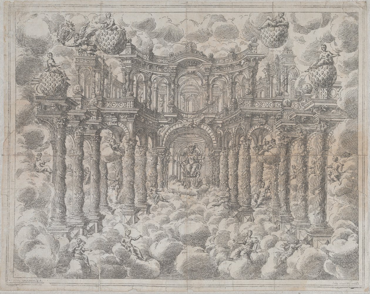 Plade 2 [modsikker]: Scenesæt med allegoriske figurer siddende blandt skyerne, med en..., 1690. af Giovanni Antonio Lorenzini