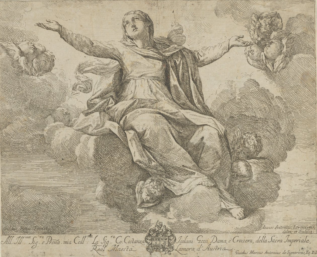 Jomfruens himmelfart, som sidder i skyerne med udstrakte arme, ang..., 1685-1720. af Giovanni Antonio Lorenzini