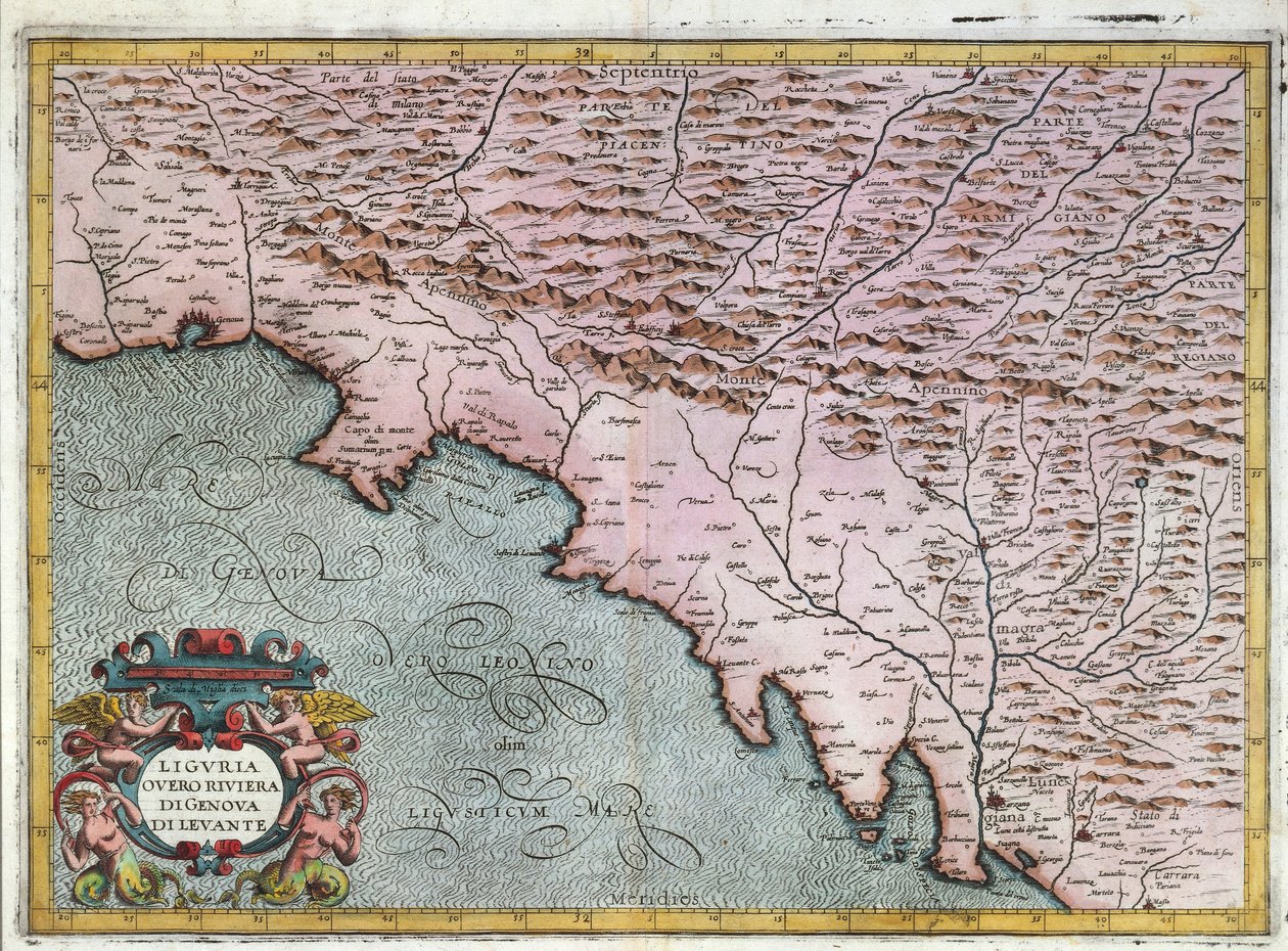 Kort over Østligurien-regionen, af Giovanni Antonio Magini, Bologna, Kobberstik af Giovanni Antonio Magini
