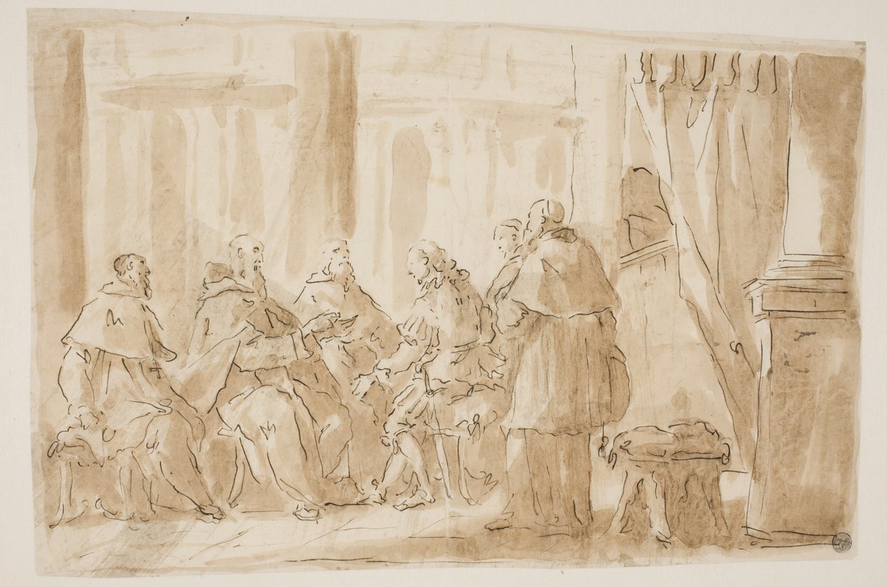 En gruppe på fem præster taler med en lægmand af Giovanni Antonio Pellegrini