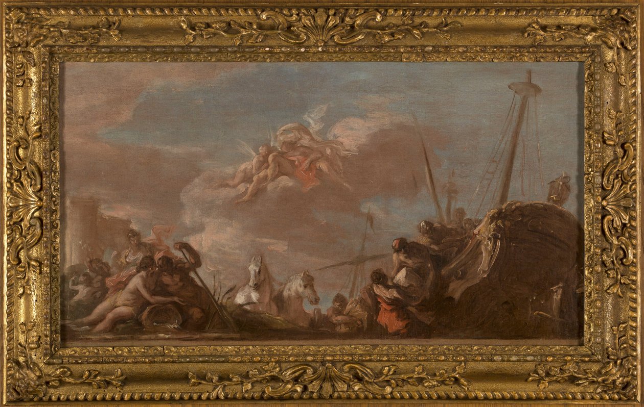 Skitse til loftet i Banque Royale: Le Déchargement en bord de Seine de marchandises en provenance de la Louisiane, en 1720 (olie på lærred (vævning)) af Giovanni Antonio Pellegrini