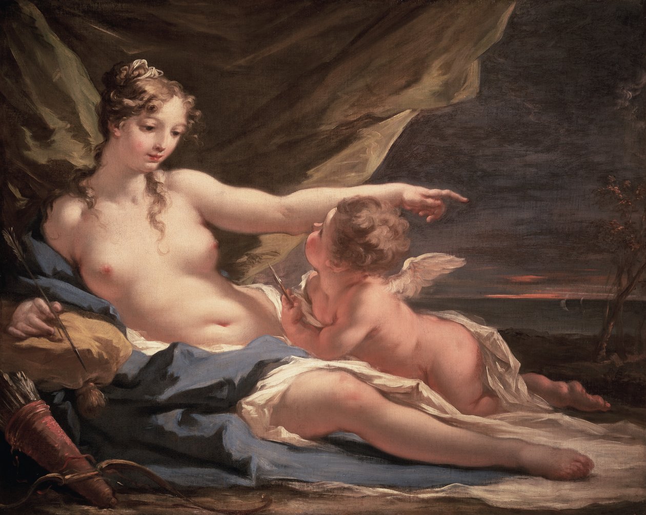 Venus og Amor (olie på lærred) af Giovanni Antonio Pellegrini