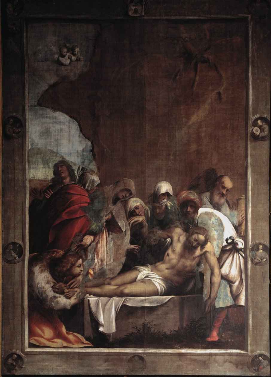 La deposition du christ (aflejring af Kristus) Maleri af Giovanni Antonio de Sacchis kaldet il Pordenone (1484-1539) 1529-1530 Søn 391x291 cm Cortemaggiore (Piacenza), Chiesa dell Annunziata Italien af Giovanni Antonio Pordenone