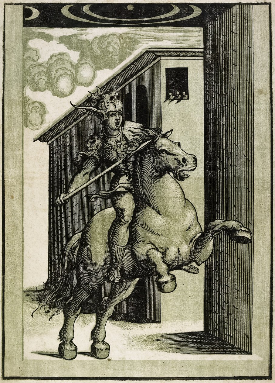 Marcus Curtius, ca. 1540 (chiaroscuro træsnit fra 3 blokke) af Giovanni Antonio Pordenone