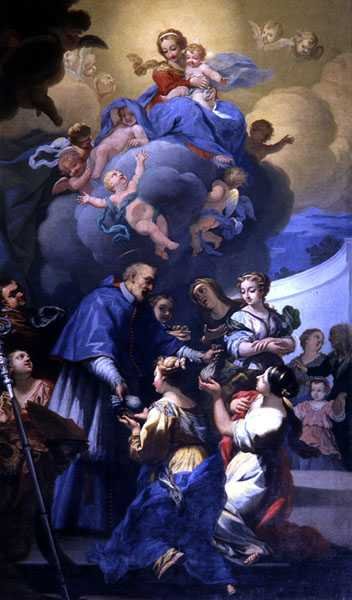 St. Nicholas uddeler sine tre poser med guld, ca. 1705 (olie på lærred) af Giovanni Antonio Pucci