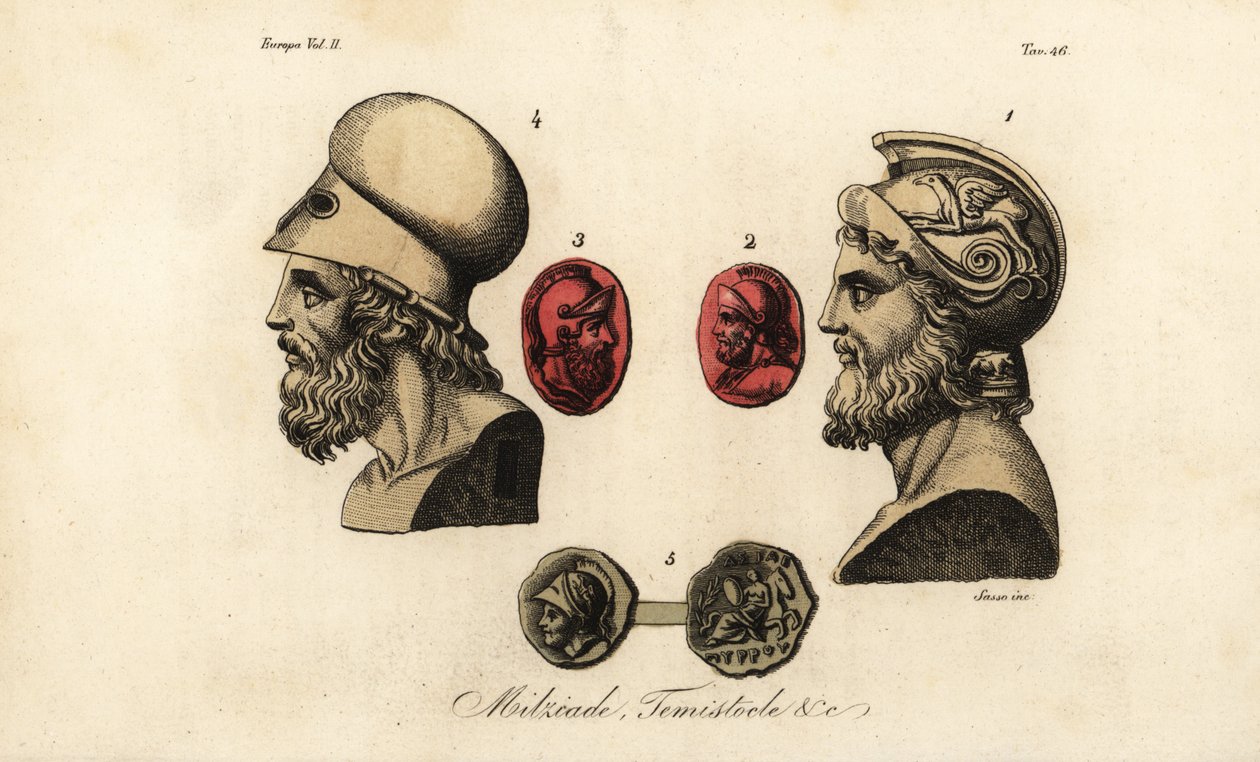 Buster og ædelstene af athenske politikere Miltiades den Yngre 1,2, Themistokles 3,4 og Kong Pyrrhus I 5 af Giovanni Antonio Sasso