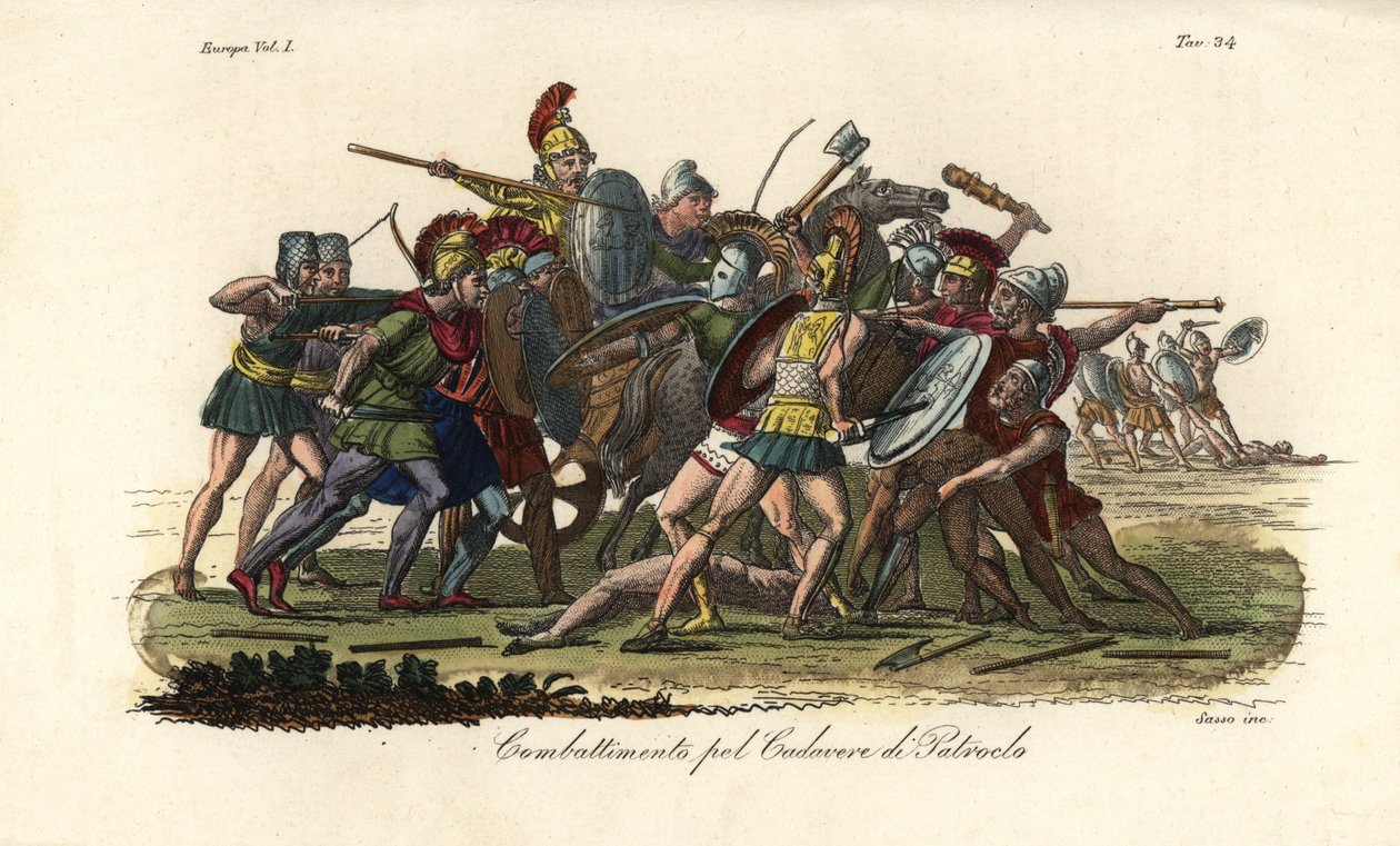 Grækere og trojanere kæmper om det nøgne lig af Patroklos uden for Troja af Giovanni Antonio Sasso