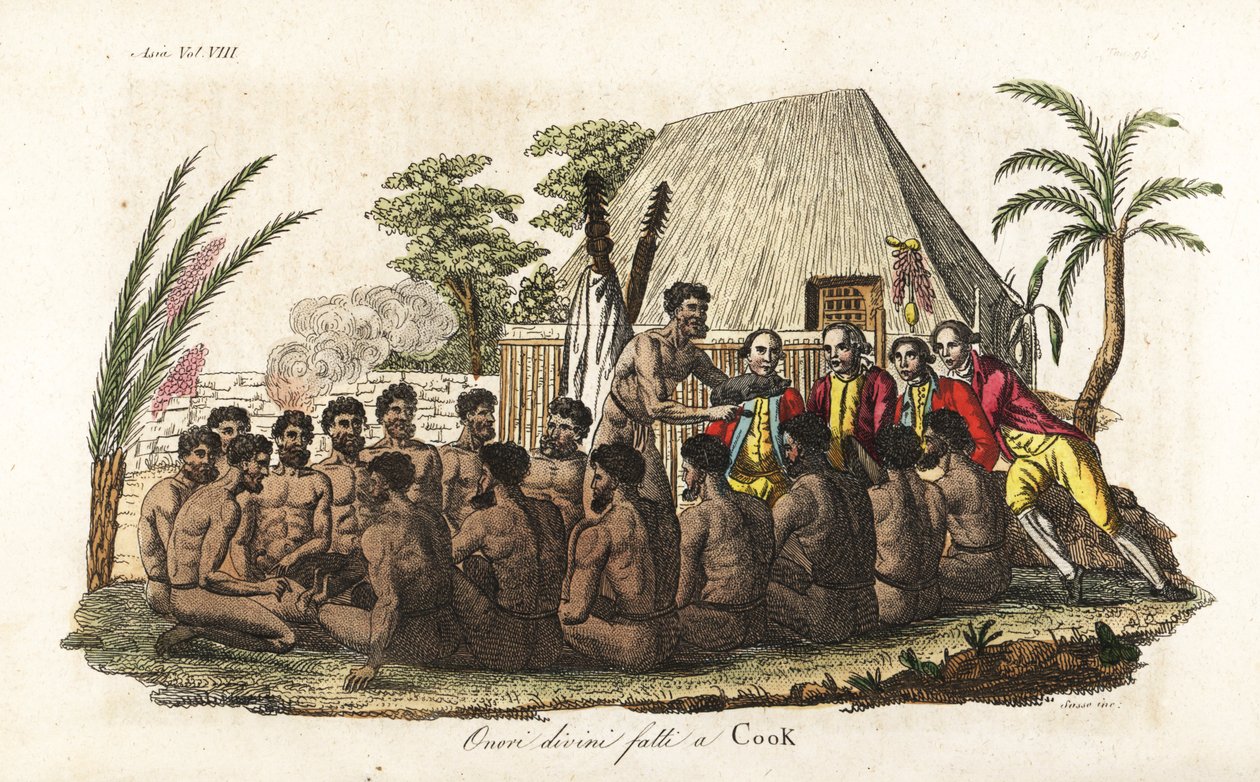 Hawaiianske indfødte tilbyder en offergris til kaptajn James Cook før 12 præster og et træidol i det hellige Orono-hus. Håndfarvet kobberplade indgraveret af Sasso efter John Webber fra Giulio Ferrario