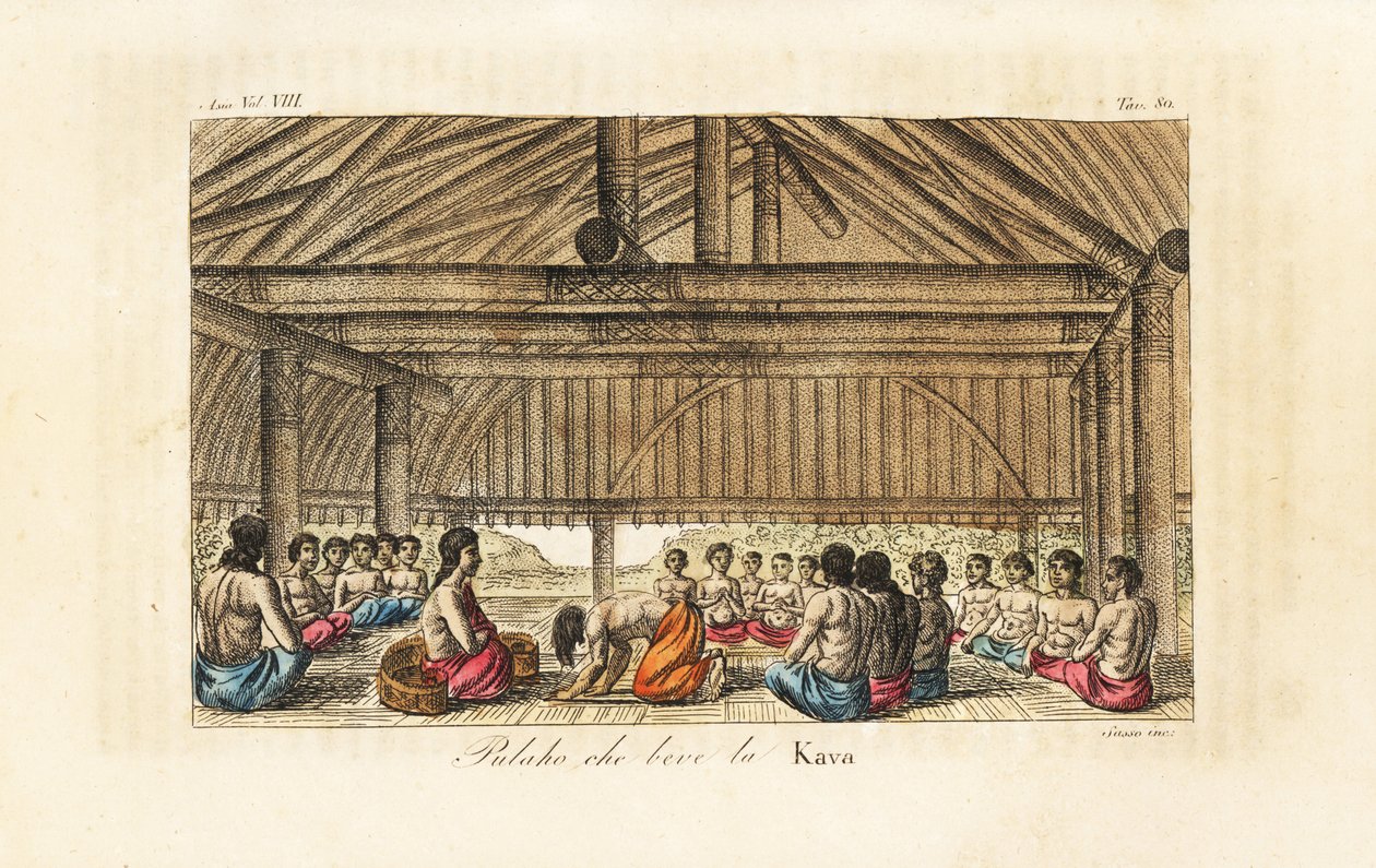 Kong Polaho drikker kava i et langhus, Tonga (venlige øer). Håndfarvet kobberplade indgraveret af Sasso efter John Webber fra Giulio Ferrario
