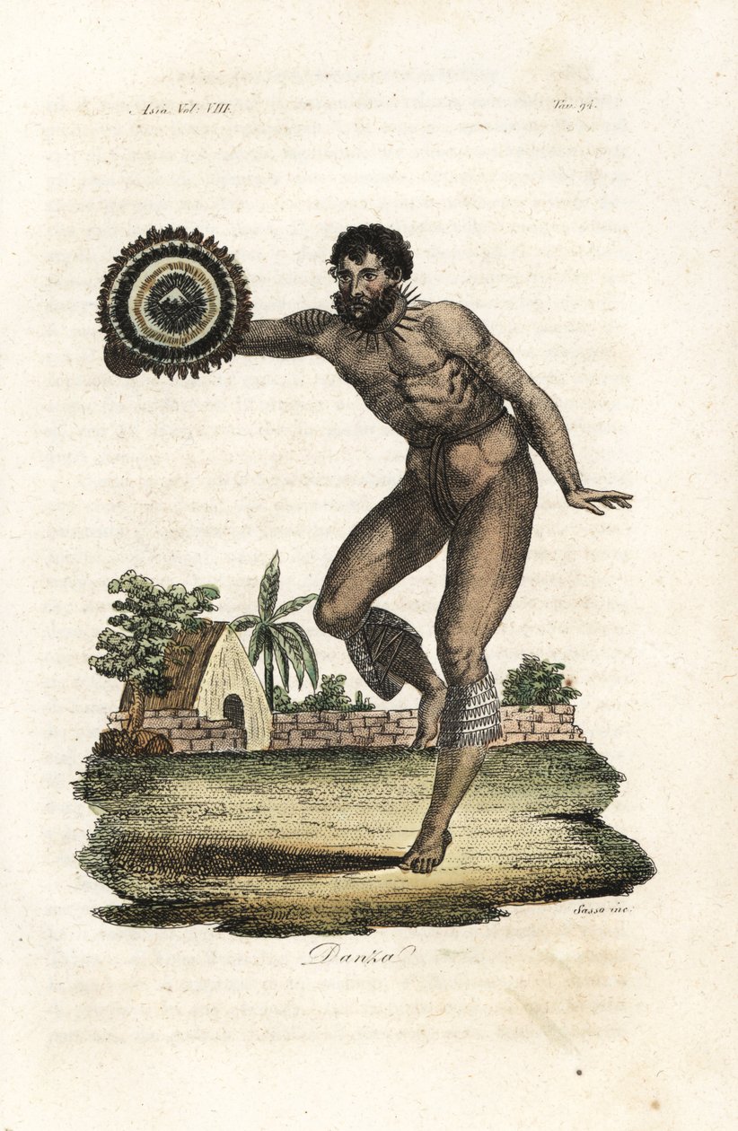 Nøgen tatoveret mand fra Hawaii (Sandwichøerne) danser for kaptajn James Cook af Giovanni Antonio Sasso