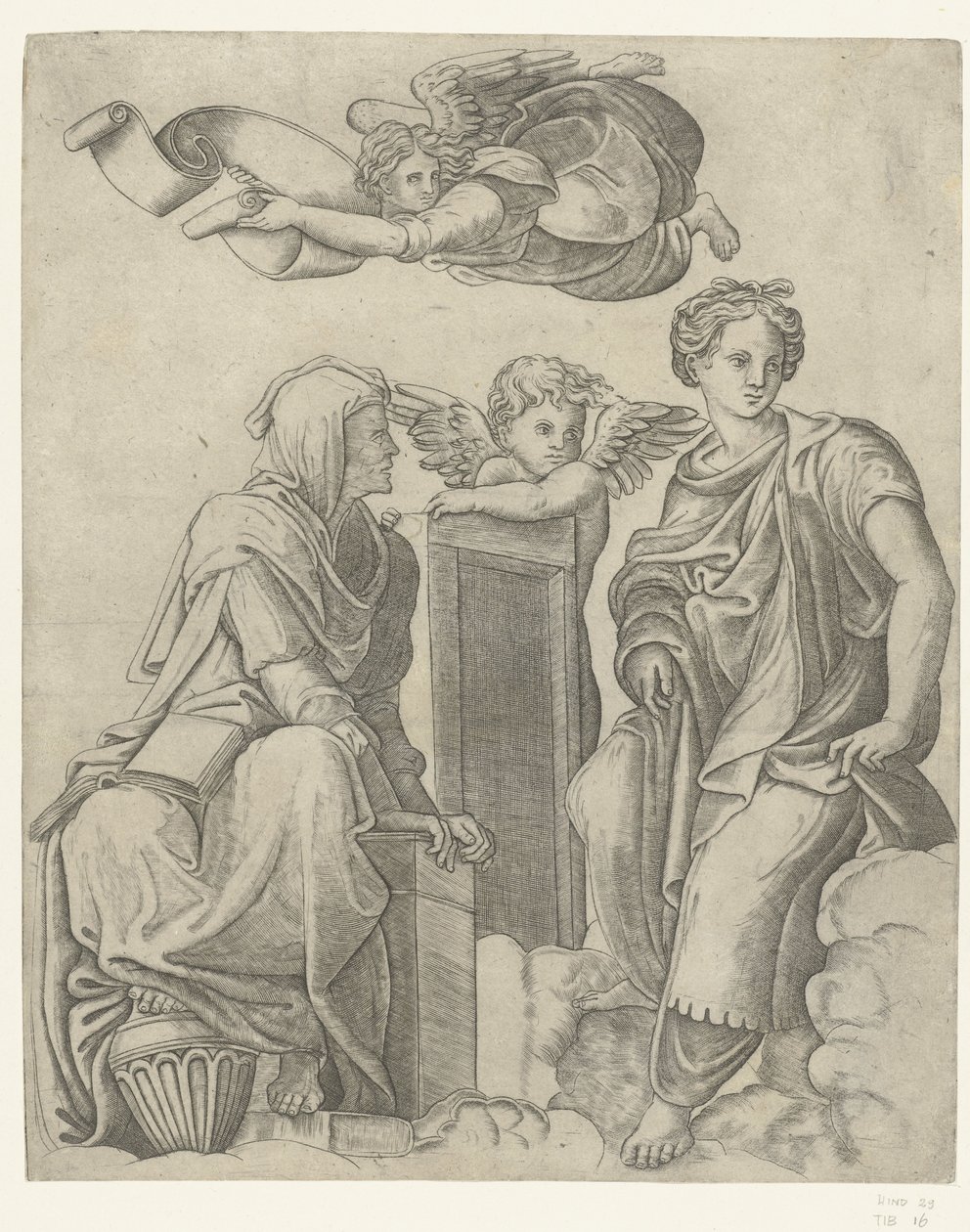To sibyller og engel og putto Dialektik og logik af Giovanni Antonio da Brescia (attributed to)