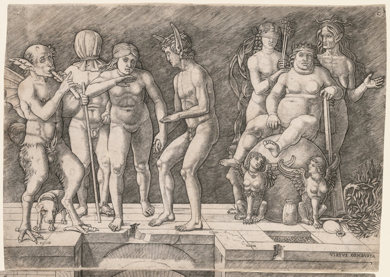 Allegori om den uvidende menneskeligheds fald: Virtus Combusta, ca. 1500-1505. af Giovanni Antonio da Brescia
