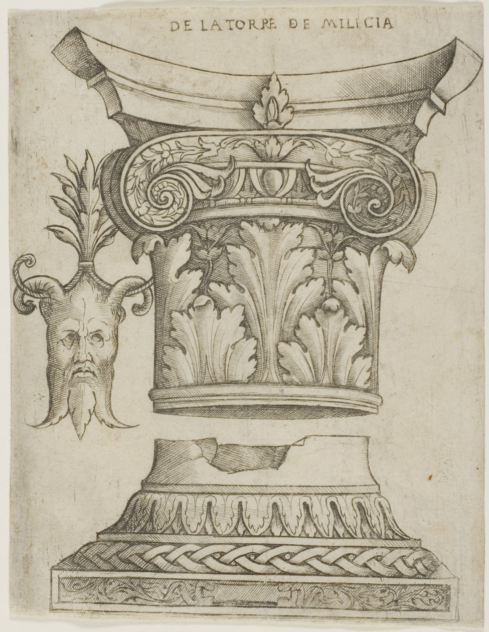 Arkitektoniske detaljer: Base, Kapital og Maske af Giovanni Antonio da Brescia