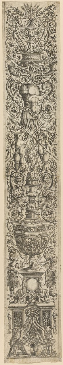 Griffe og to amoriner med hellebarder, plade fem af tolv ornamentpaneler af Giovanni Antonio da Brescia