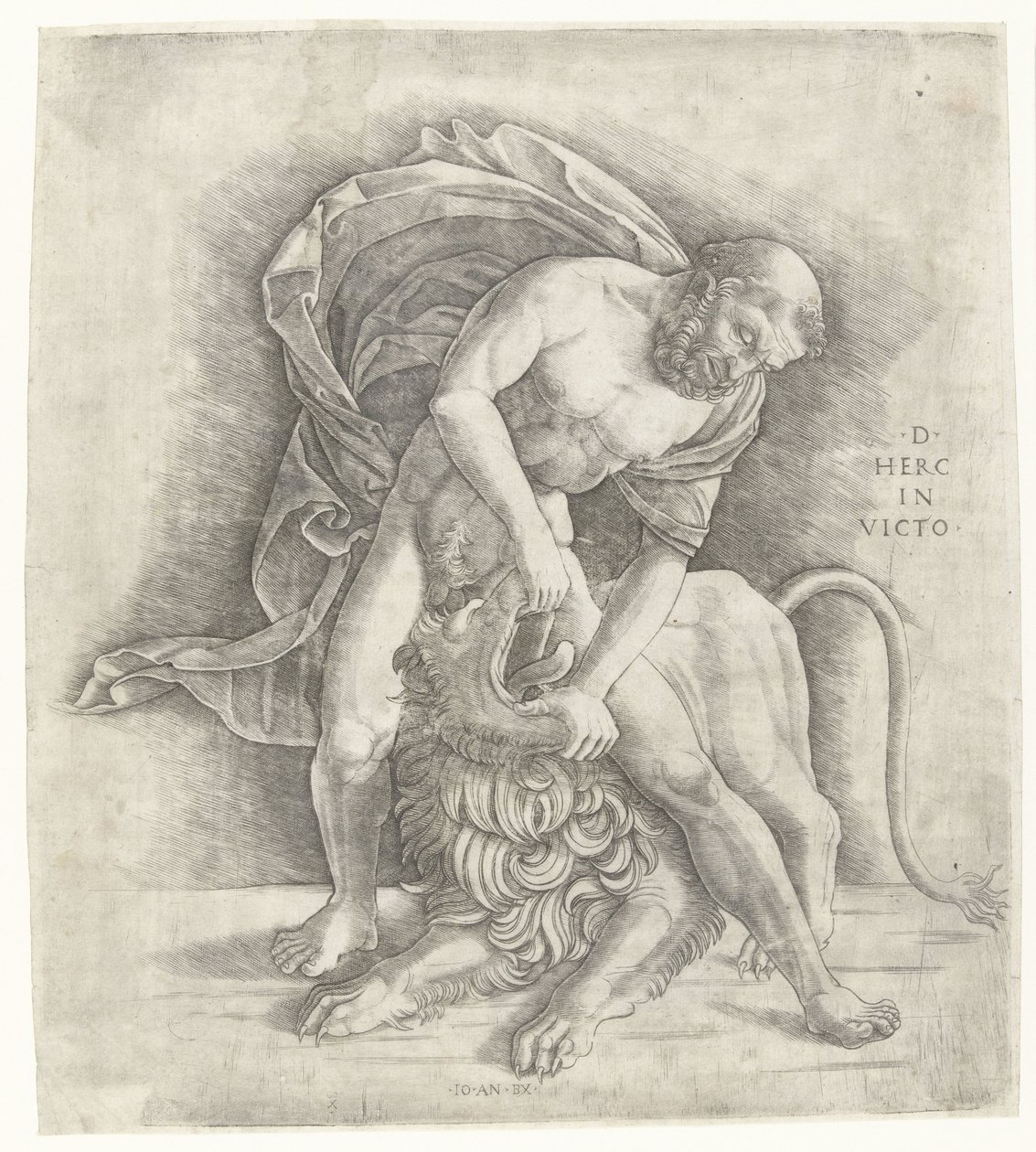 Hercules kæmper mod Nemean-løven Herkules erobrer Nemean-løven D HERC IN VICTO (titel på objekt) af Giovanni Antonio da Brescia
