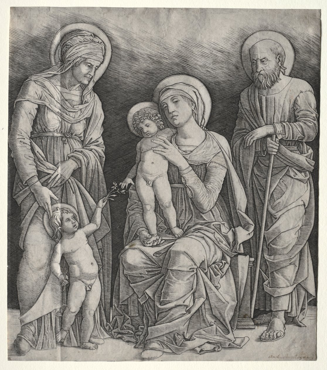 Hellig familie med St. Elizabeth og spædbarnet St. Johannes Døberen af Giovanni Antonio da Brescia