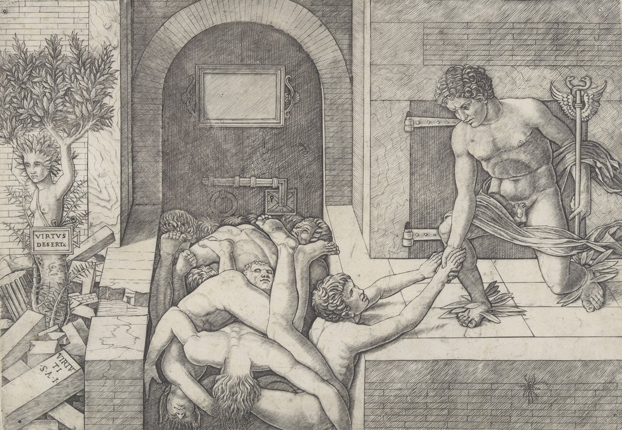 Uvidenhed og Mercury en allegori om dyd og last, Mercury knæler til højre..., ca. 1490-1525. af Giovanni Antonio da Brescia