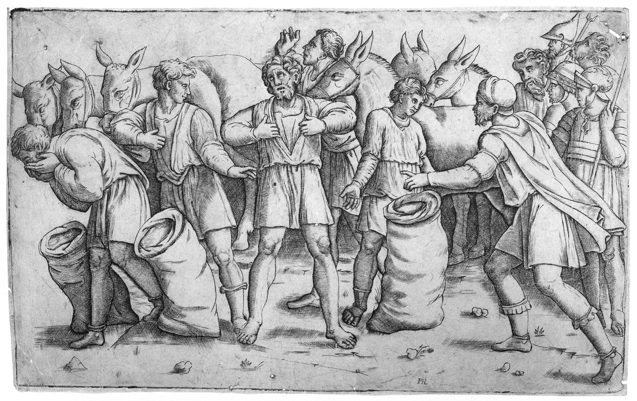 Josefs bæger fundet i Benjamins sæk fra den bibelske historie om Josef 1. Mosebog 44..., ca. 1520-25. af Giovanni Antonio da Brescia