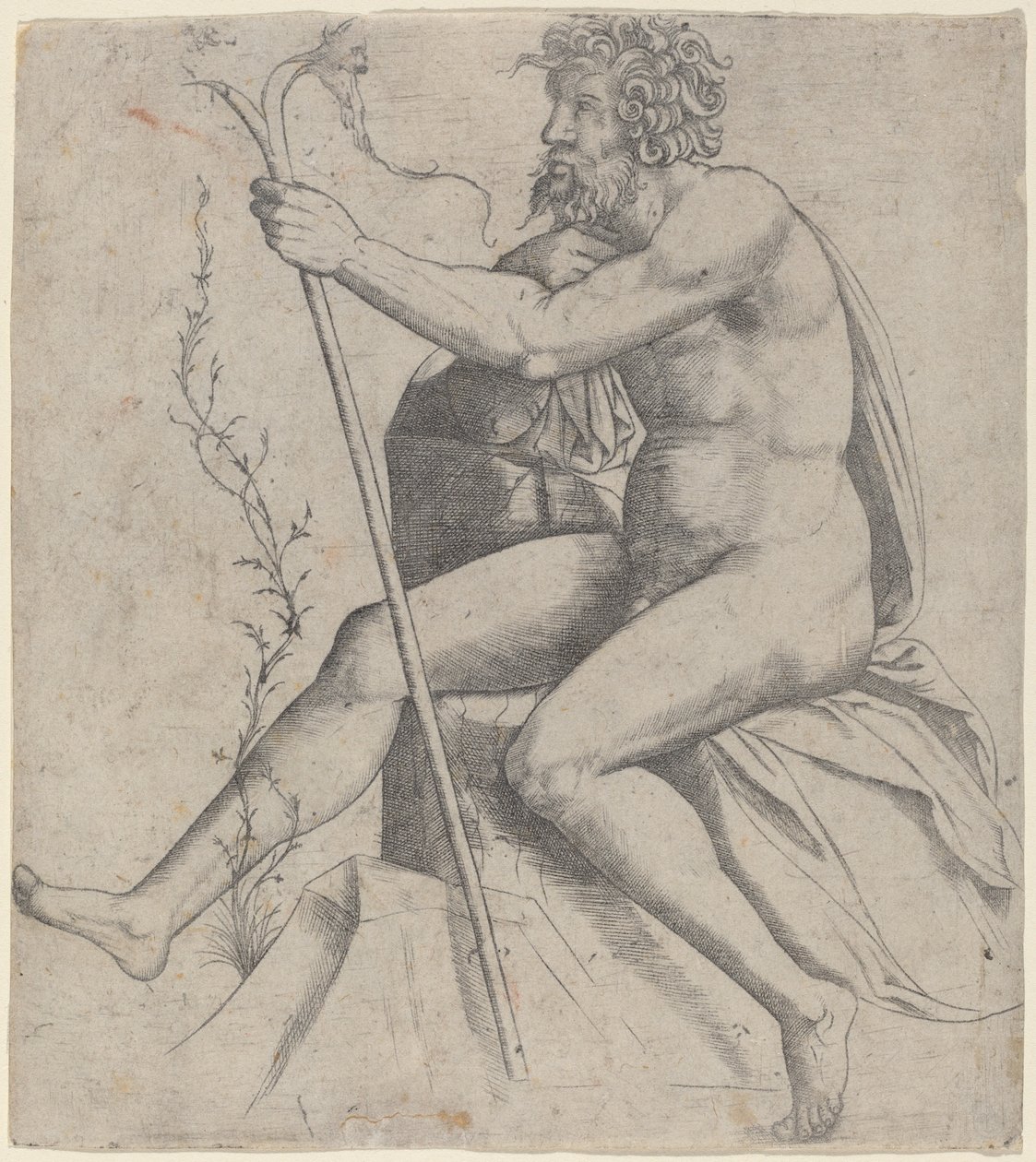 Mand siddende og holder en gaffelstang af Giovanni Antonio da Brescia