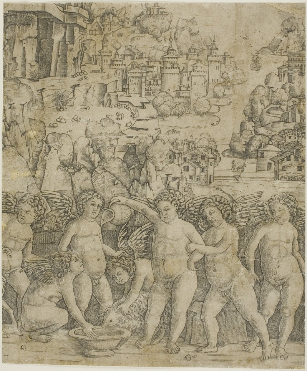 Syv amoriner med to væddere i et landskab af Giovanni Antonio da Brescia