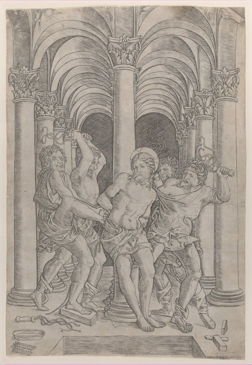 The Flagellation of Christ, der er bundet til en søjle i midten, sat i en arkade, 1509., 1509. af Giovanni Antonio da Brescia
