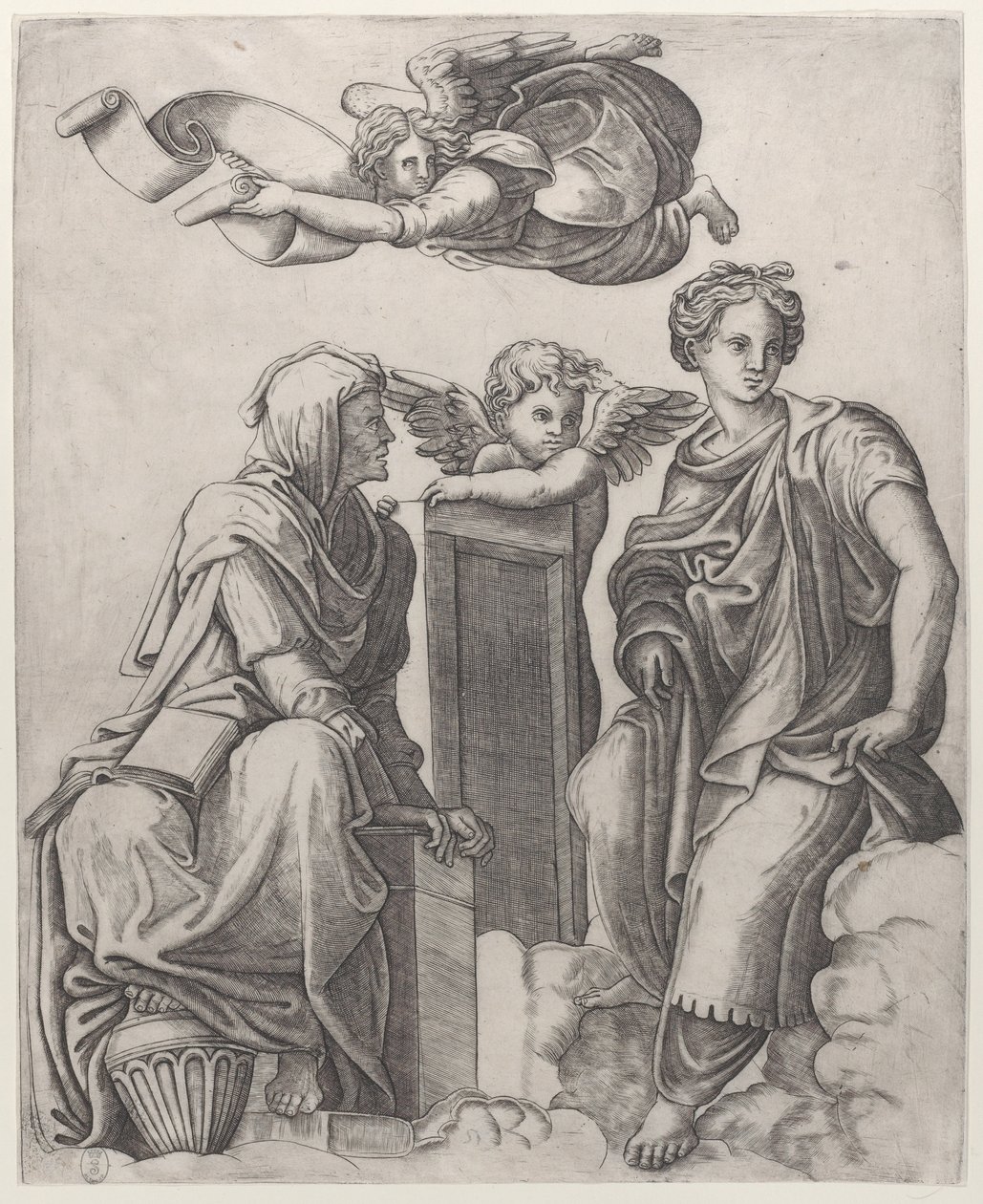 To kvindeskikkelser siddende i skyerne flankerende en engel og en anden flyvende over ..., ca. 1510-25. af Giovanni Antonio da Brescia