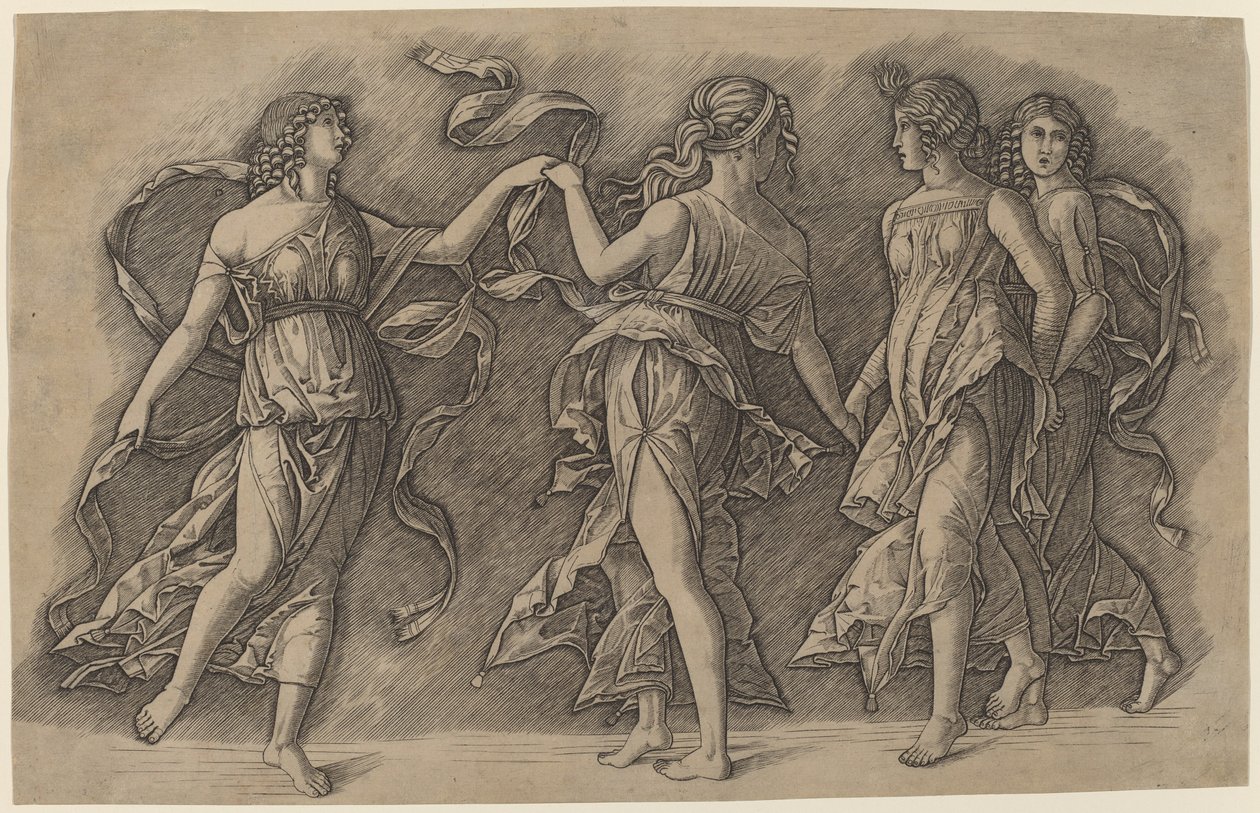Fire dansende muser af Giovanni Antonio da Brescia, after Andrea Mantegna