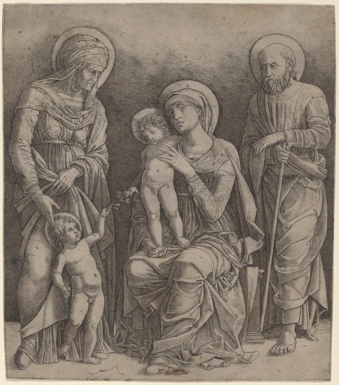 Hellig familie med Saint Elizabeth og spædbarnet Saint John af Giovanni Antonio da Brescia, after Andrea Mantegna