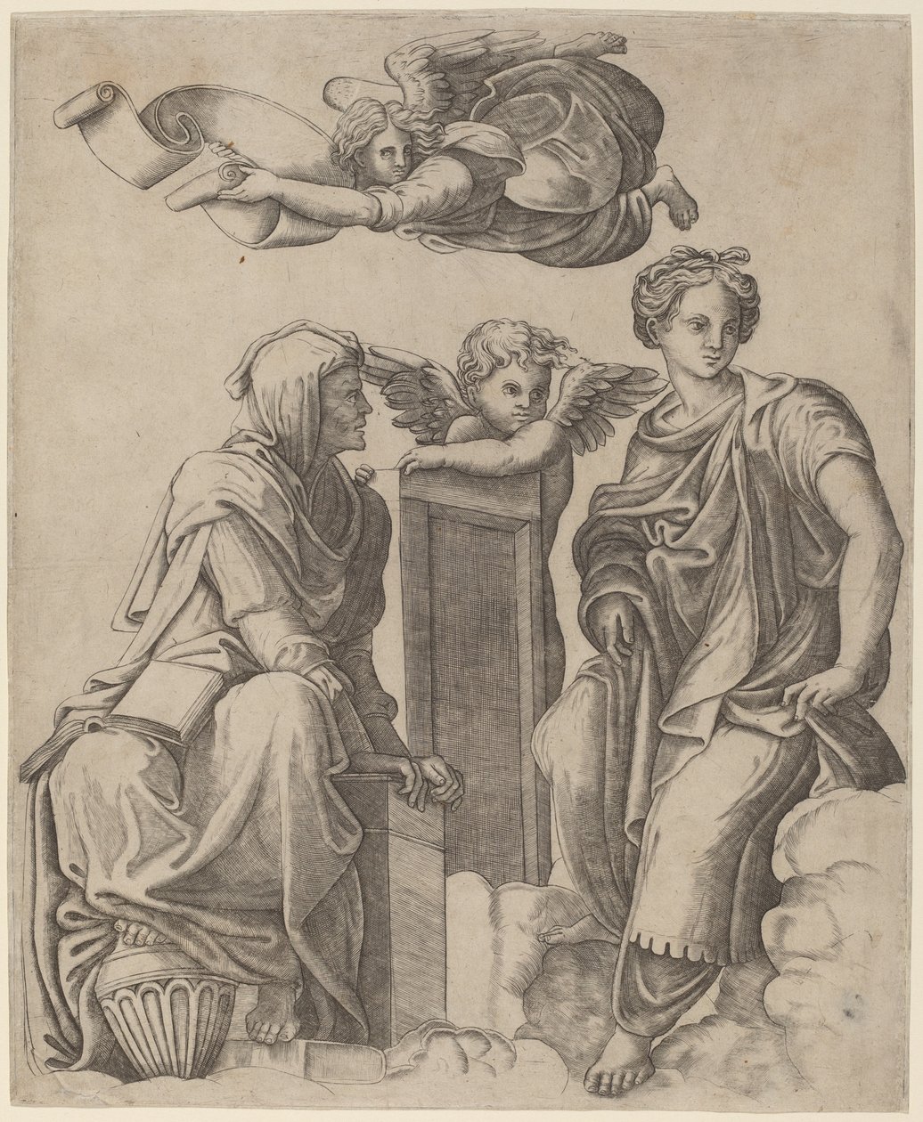 To sibyller og en engel af Giovanni Antonio da Brescia after Raphael