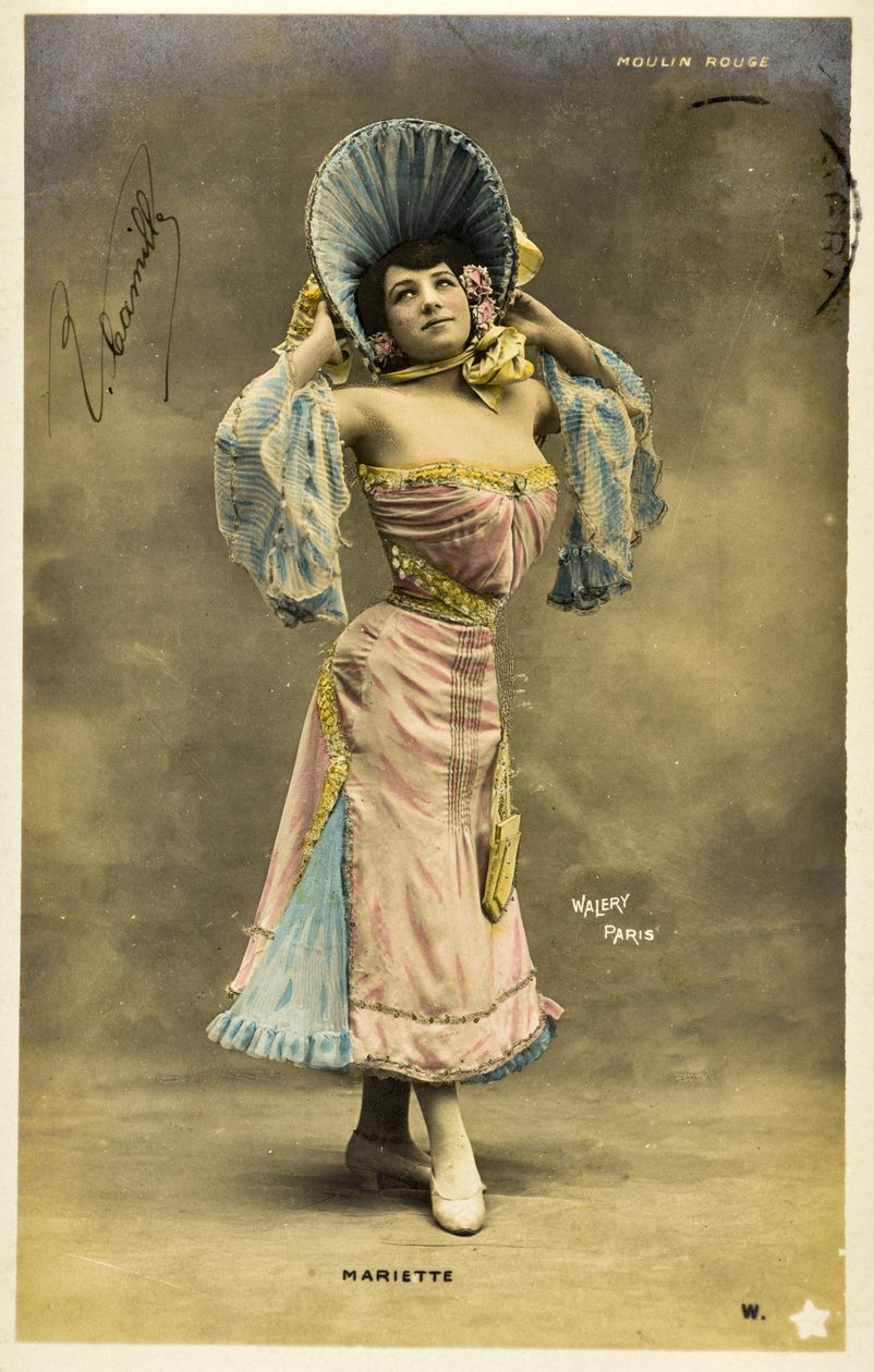 Postkort: Moulin Rouge - Portræt af Mariette, Music Hall-kunstner af Phillipe de Marlier
