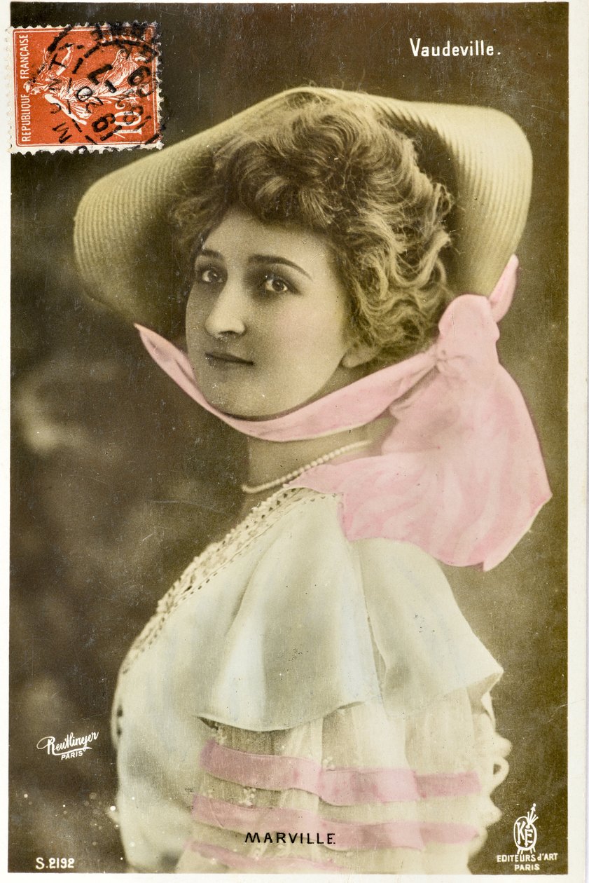 Postkort: Theatre du Vaudeville - Portræt af maddame Marville, kunstneren fra Moulin Rouge af Phillipe de Marlier