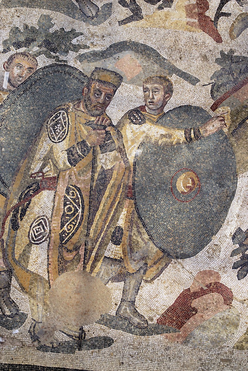 Romersk kunst: detalje af mosaikken ""Den store jagtdel"". En herre under jagten. 315-350 e.Kr. Piazza Armerina, Villa Romana del Casale. Sicilien, Italien. af Phillipe de Marlier