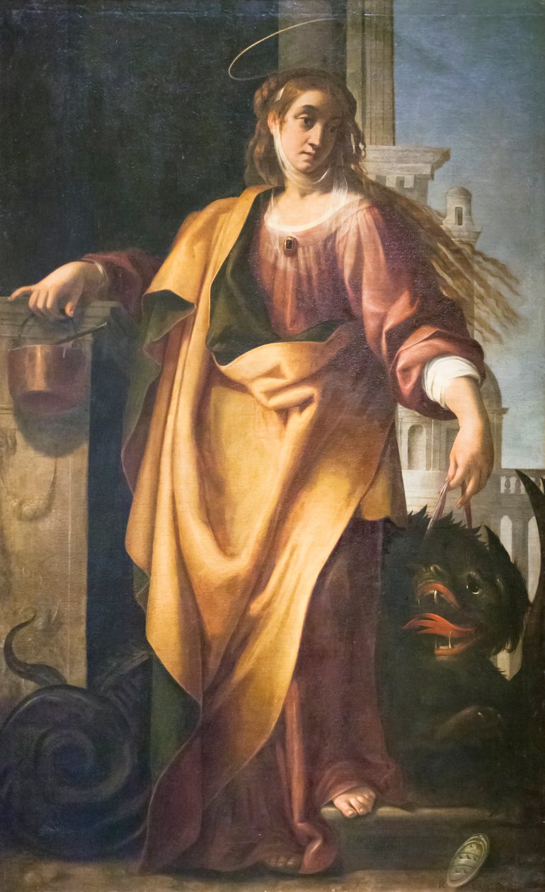 Saint Martha and the Tamed Dragon (olie på panel) af Giovanni Baglione