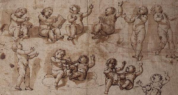 Studier af Putti (pen, blæk, vask og kridt) af Giovanni Baglione