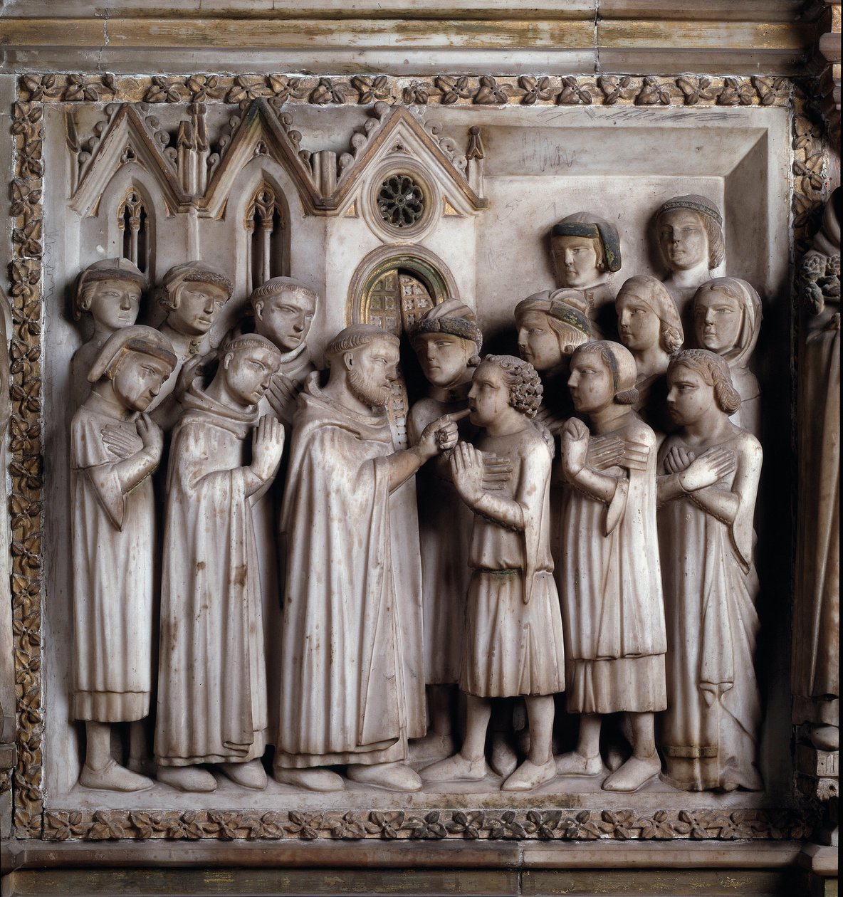 Den stummes mirakel (Life of St Peter of Verona). detalje af et marmorrelief af Giovanni Balduccio