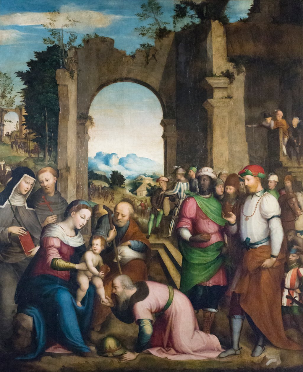 Tilbedelse af de hellige tre konger med Klara og Frans, ca. 1510 (olie på panel) af Giovanni Battista (1489 1561) Volponi
