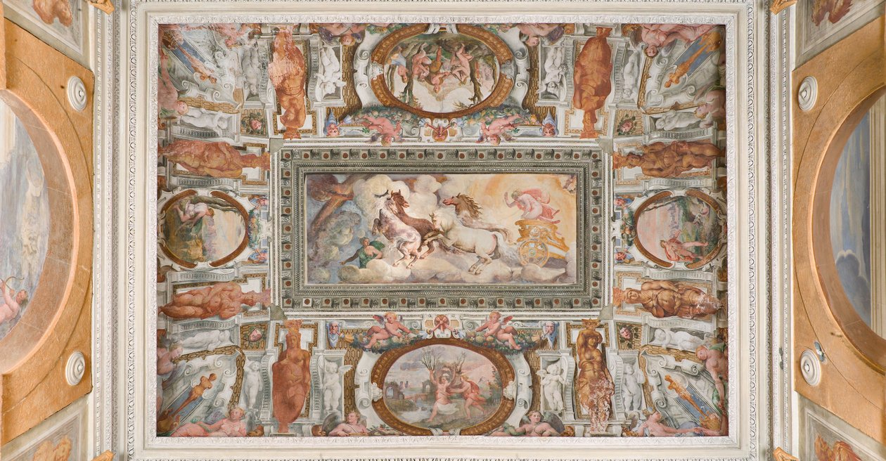 Solvogn drevet af Apollo, Apollo Loggia, ca. 1560 (fresco) af Giovanni Battista and Cambiaso Luca Castello