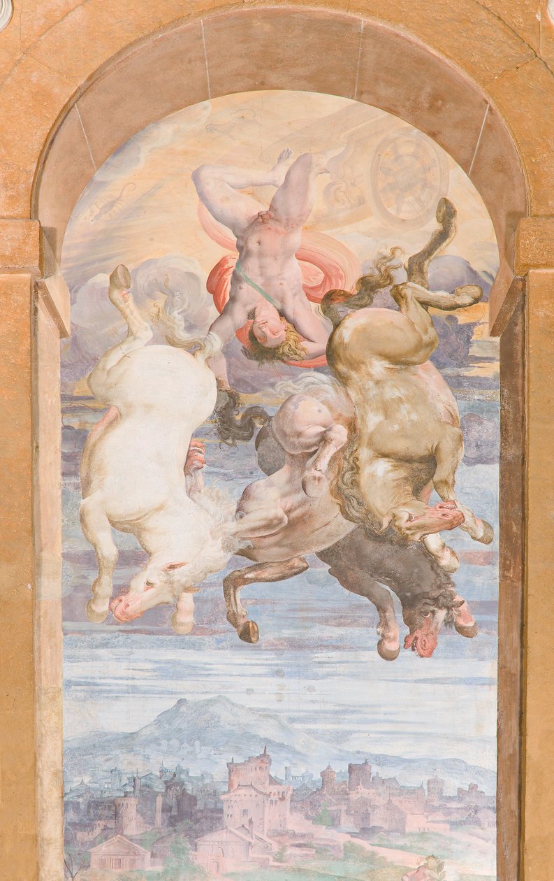 Solens Vogn drevet af Apollo, der dykker mod Jorden, Apollo Loggias østlige mur, ca. 1560 (fresco) af Giovanni Battista and Cambiaso Luca Castello