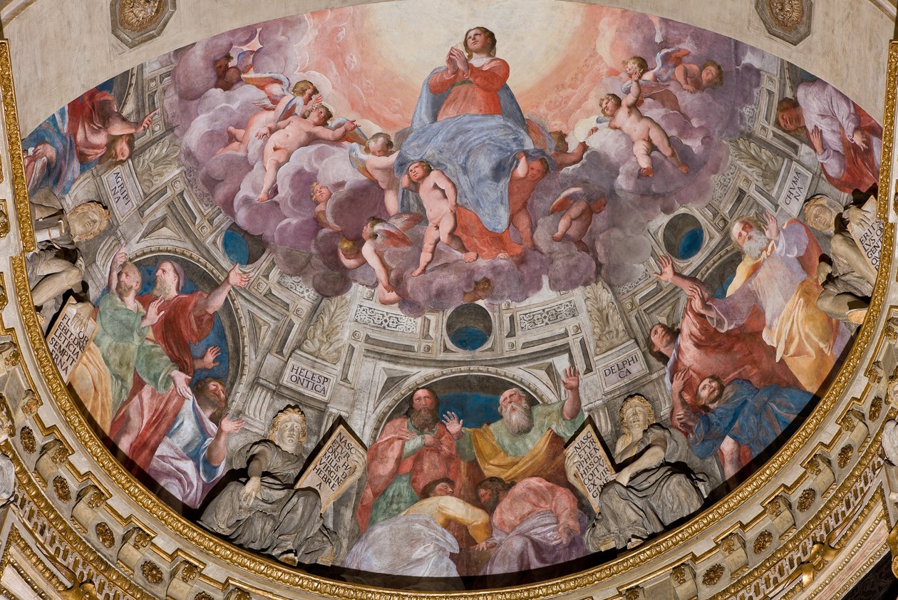 Genova, Duomo (St. Lawrence Cathedral), indvendigt, Lercari-kapellet eller Det Hellige Sakraments kapel (nordlige apsis), apsis: "Jomfruens himmelfart", fresko af Giovanni Battista Castello kendt som Bergamasco af Giovanni Battista Castello