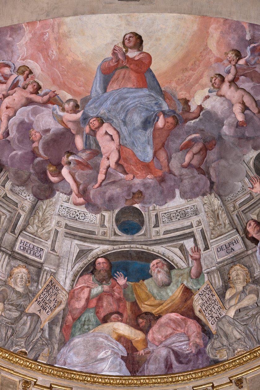Genova, Duomo (St. Lawrence Cathedral), indvendigt, Lercari-kapellet eller Det Hellige Sakraments kapel (nordlige apsis), apsis: "Jomfruens himmelfart", fresko af Giovanni Battista Castello kendt som Bergamasco af Giovanni Battista Castello