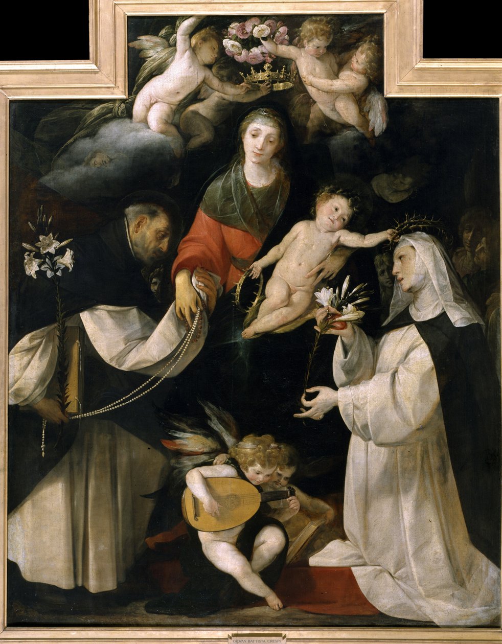 Rosenkransens Madonna (Madonna del Rosario). En krans af roser er placeret på Jomfruens hoved, mens to helgener rækker hende hvide liljer, rosenkranse og hjerter, der symboliserer tro. Maleri af Giovan (Giovanni) Battista Crespi kendt som Il Cerano (ca. 15 af Giovanni Battista (1567 1633) Crespi