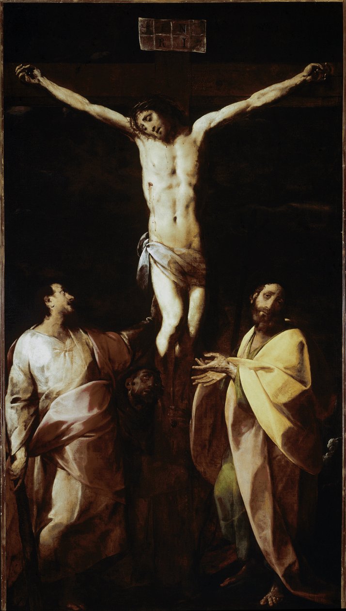 Korsfæstelse med St James, St Philip og St Francis (olie på lærred af Giovanni Battista  Crespi