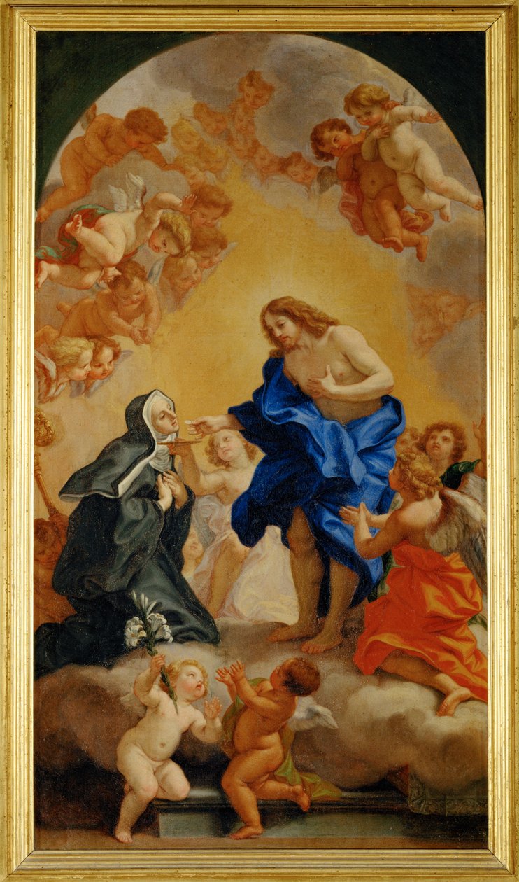 Une bienheureuse abesse recevant la communion des mains du Christ - En nonne modtager nadver fra Kristi hænder ... af Giovanni Battista (1639-1709) Gaulli