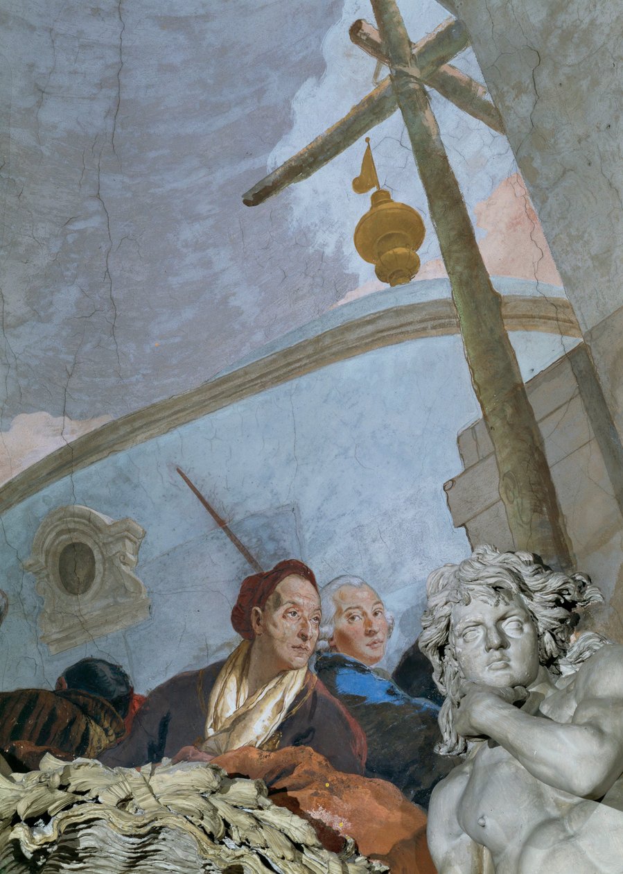 Et selvportræt viser en udmattet, meget ældre Tiepolo, der bøjer sig ind over hjørnekartouchen ... (fresko) af Giovanni Battista (1696 1770) Tiepolo