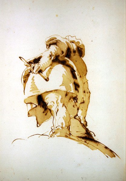 En stående mand set bagfra, holder en stafet og rækker ud efter en sæk (pen og brunt blæk med brun vask på papir) af Giovanni Battista Tiepolo