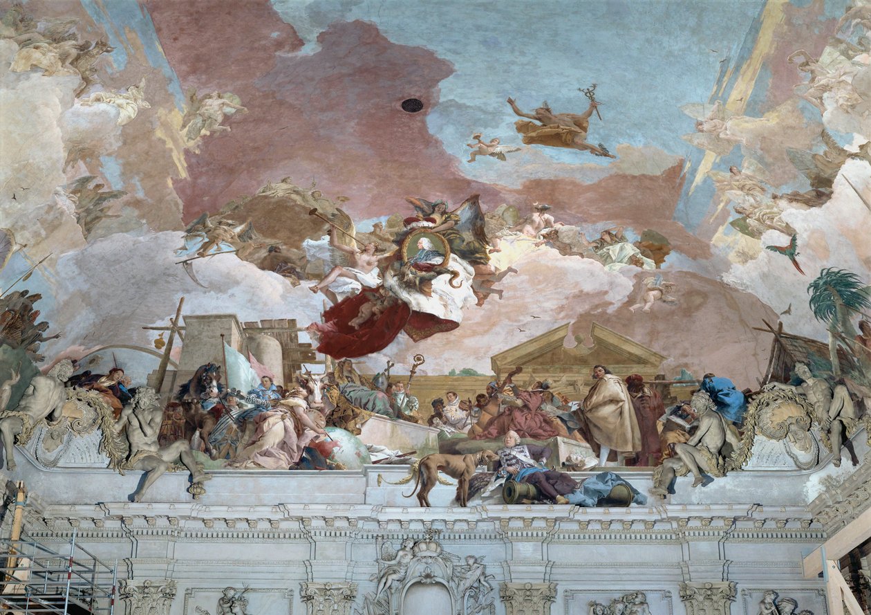 Apotheose af biskop Carl Philipp von Greiffenklau og den europæiske del af loftsfresken ... (freske) af Giovanni Battista (1696 1770) Tiepolo