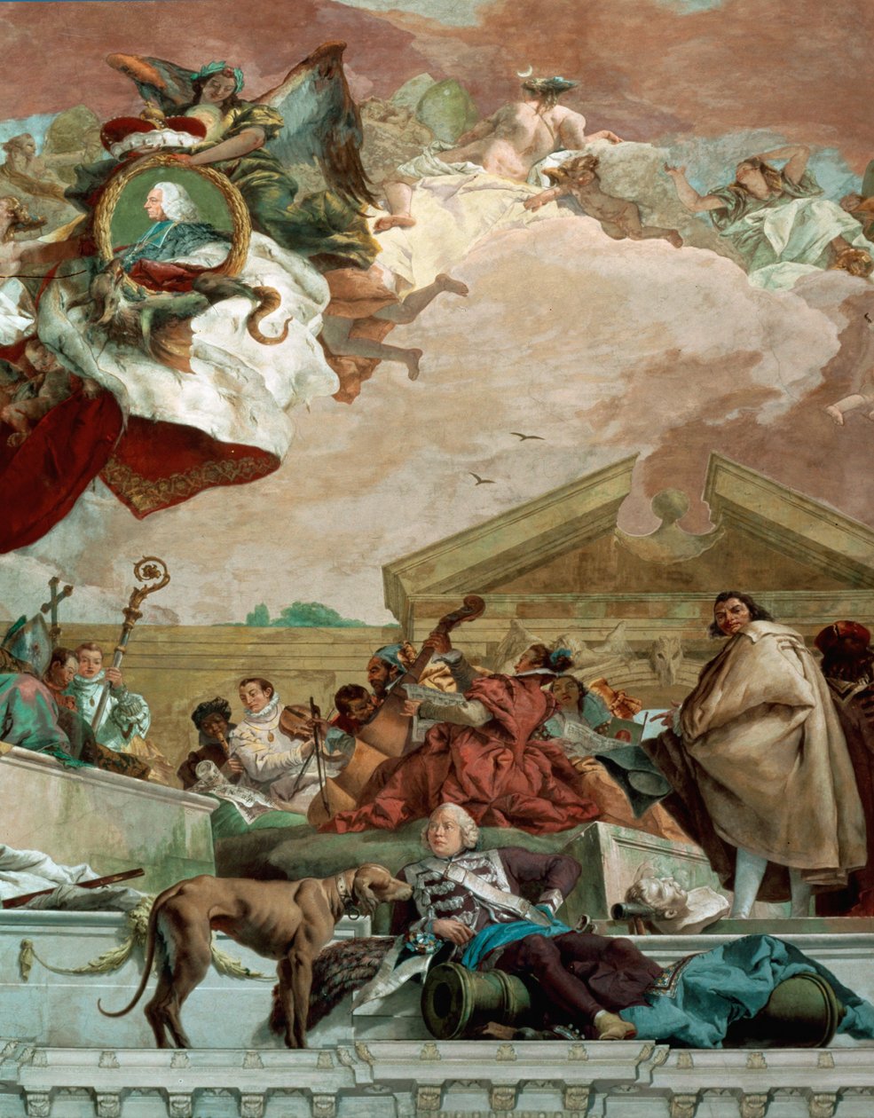 Fresken på trappen i Würzburgs residens viser arkitekt Balthasar Neumann og en kanon (freske) af Giovanni Battista (1696 1770) Tiepolo