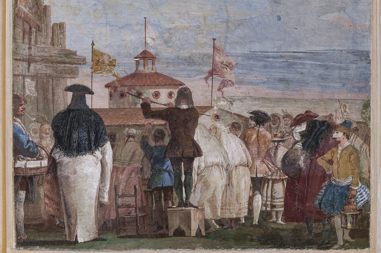 Guest Lodgings, the Room of the Carnival Scenes: "New World", en scene med masker, der efterligner et oliemaleri af Giovanni Battista Tiepolo