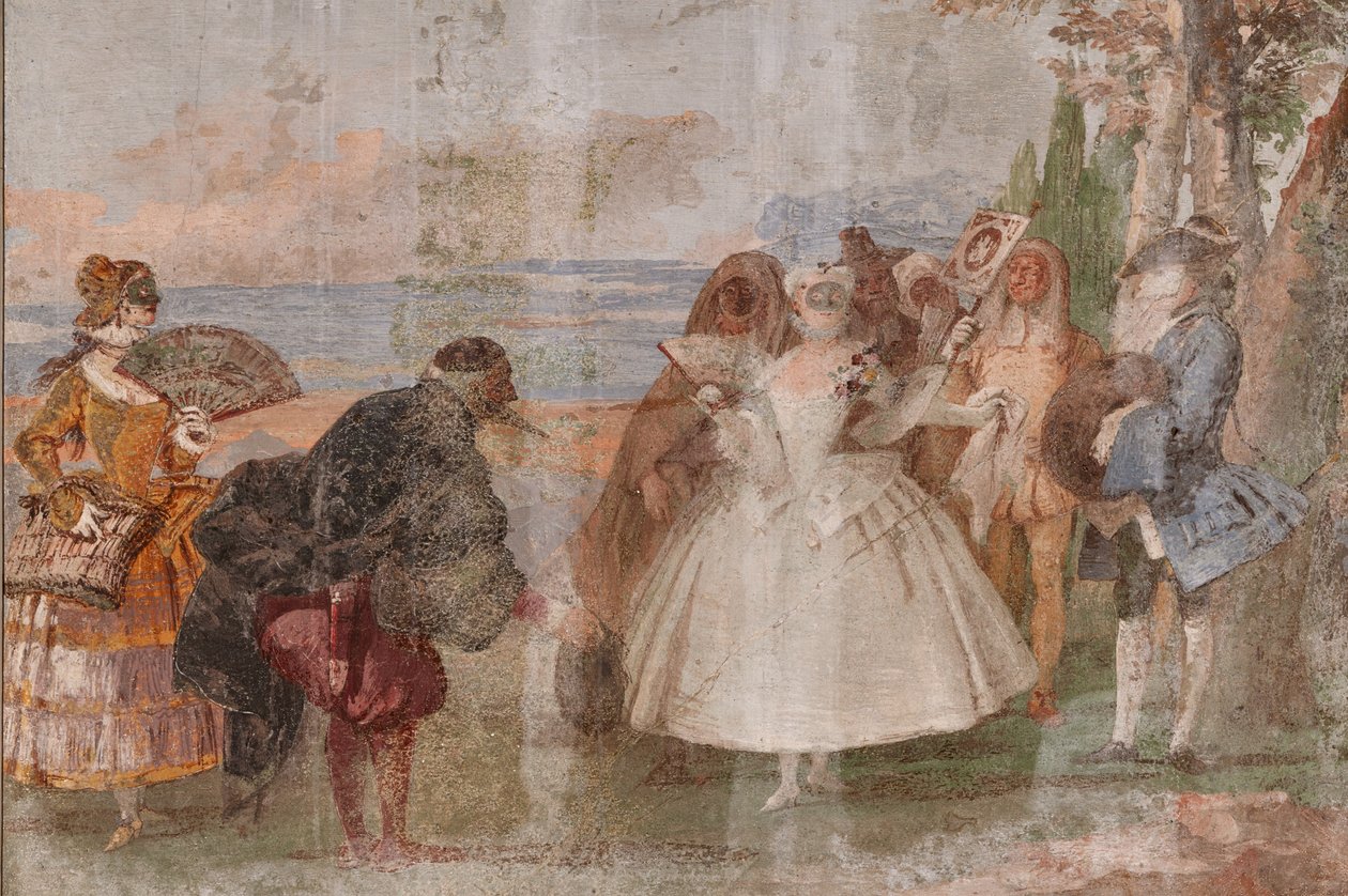 Guest Lodgings, the Room of the Carnival Scenes: "Pantalone and Columbina", en scene med masker af Giovanni Battista Tiepolo